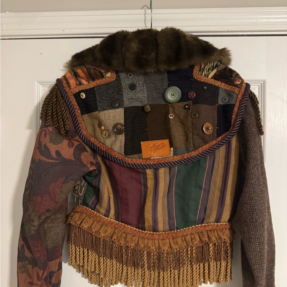 Multicolor Patchwork Jacket with Faux Fur Collar - image 2